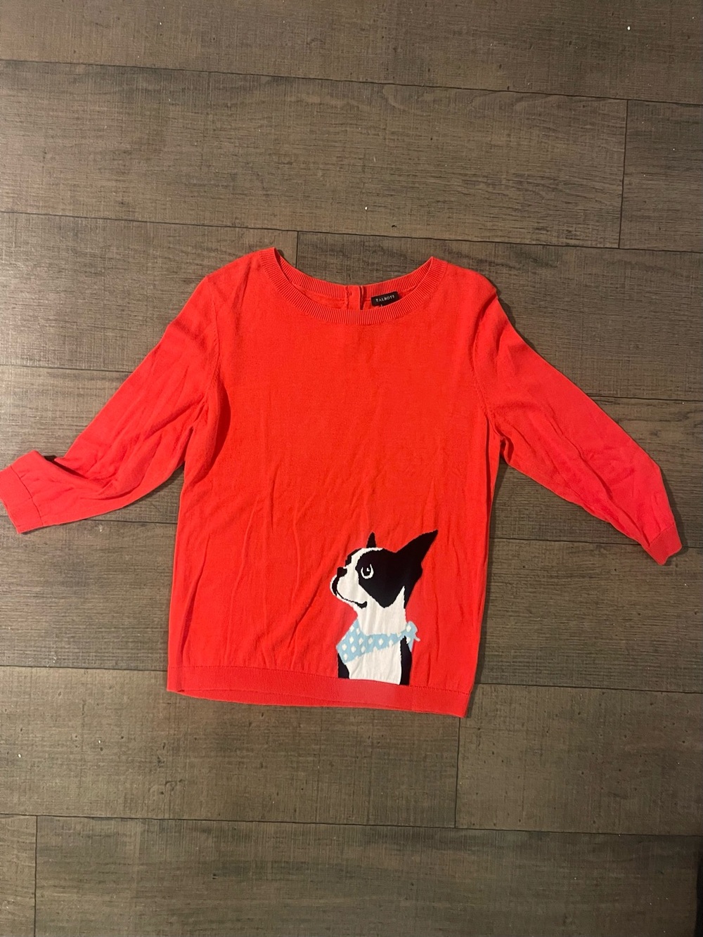 Talbots Coral Red Boston Terrier Dog Graphic Intarsia Knit Sweater M